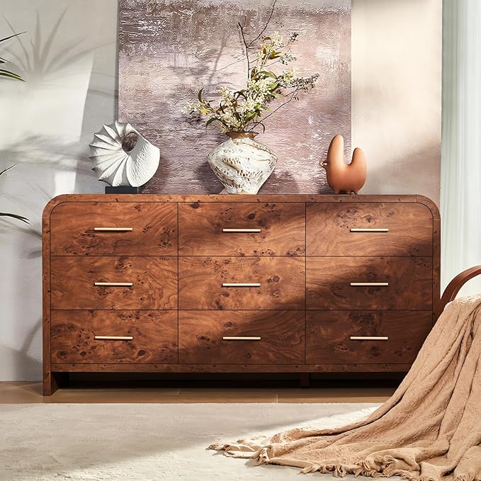 Curved 9-Drawer Dresser for Bedroom, 63" Wide Modern Chest of Drawers, Vanity Desk TV Stand for Living Room, Closet Storage Drawers Organizer Furniture, Nursery, Hallway, Dark Burl