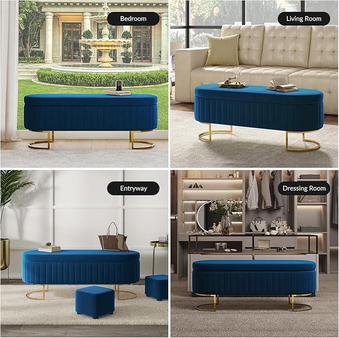 EcoHarbor Living 50" Velvet Storage Bench Hallway Ottoman,Upholstered End of Bed Bench with 2 Additional Ottomans Gold Legs,Flipping Lid Entryway Footrest