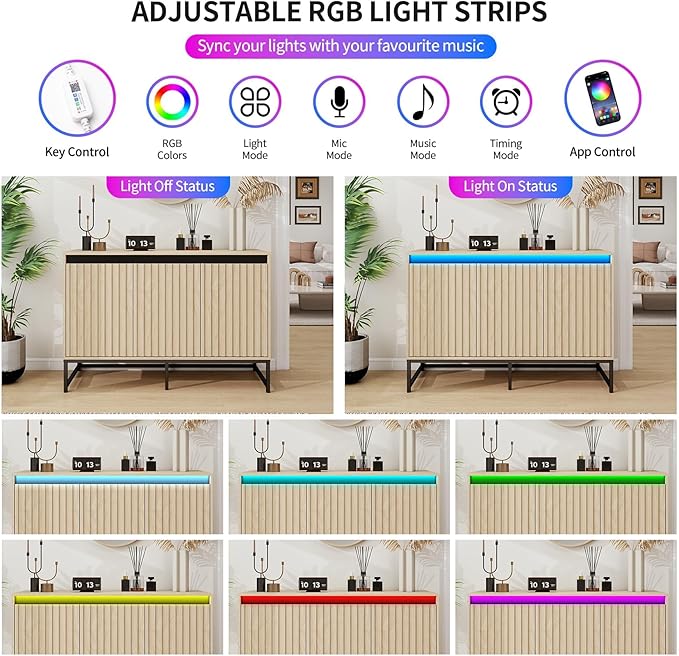 Fluted Sideboard Buffet Cabinet with Storage, 47" Wood Storage Cabinet with Doors and Adjustable Shelves LED Light, Modern Credenza for Kitchen, Dining room, Living room, Entryway(Oak, set of 2)