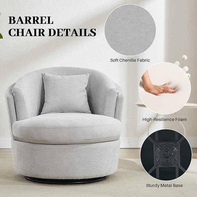 Swivel Accent Chair, 360 Degree Round Swivel Barrel Chair with Pillow, Widened Upholstered Chenille Barrel Armchair for Living Room Bedroom Reading Room, Light Gray