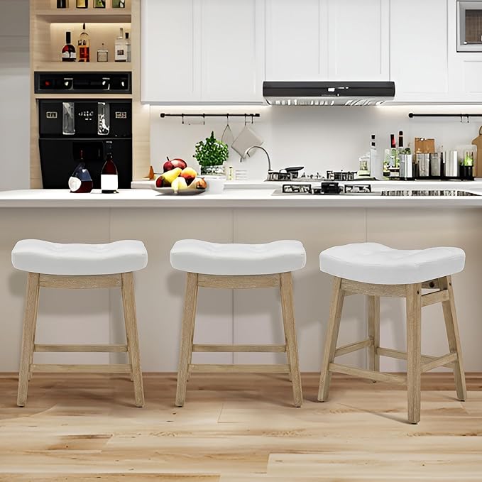Counter Height White Bar Stools Set of 6 for Kitchen Counter Farmhouse Modern Barstools with Faux Leather Upholstered Backless Seat and Solid Wood Legs 24 inch Bar Chairs, White + Wood Color