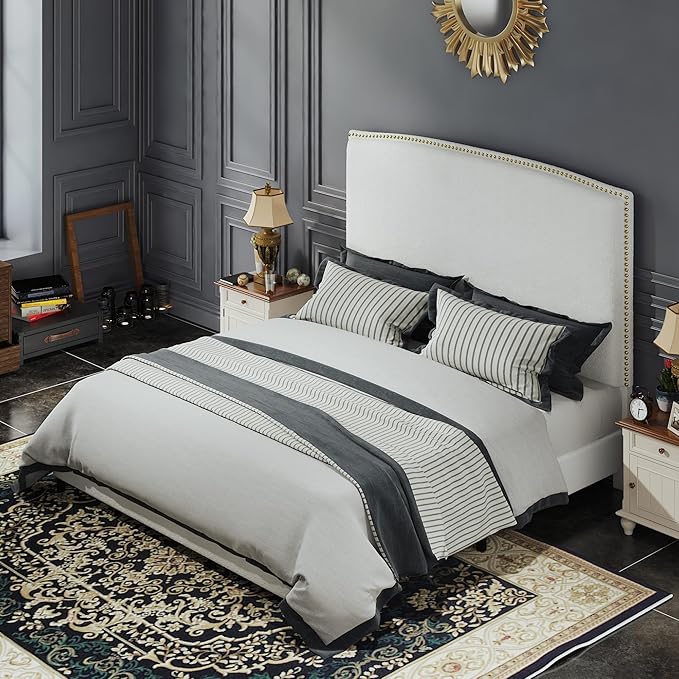 Queen Size Bed Frame with Headboard, 56" Upholstered Platform Bed with Nailhead Trim, Soft Boucle Fabric, No Box Spring Needed, Easy Assembly, White