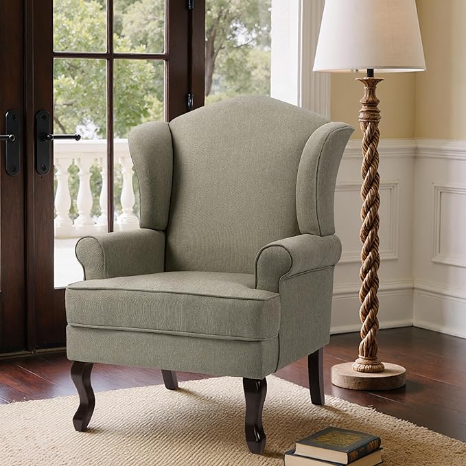 Pia Ricco High Back Floral Accent Chair, Upholstered Fabric Armchair with Solid Wood Legs - Retro Living Room Reading Chair, Comfortable Single Sofa Seat-Moss Grey
