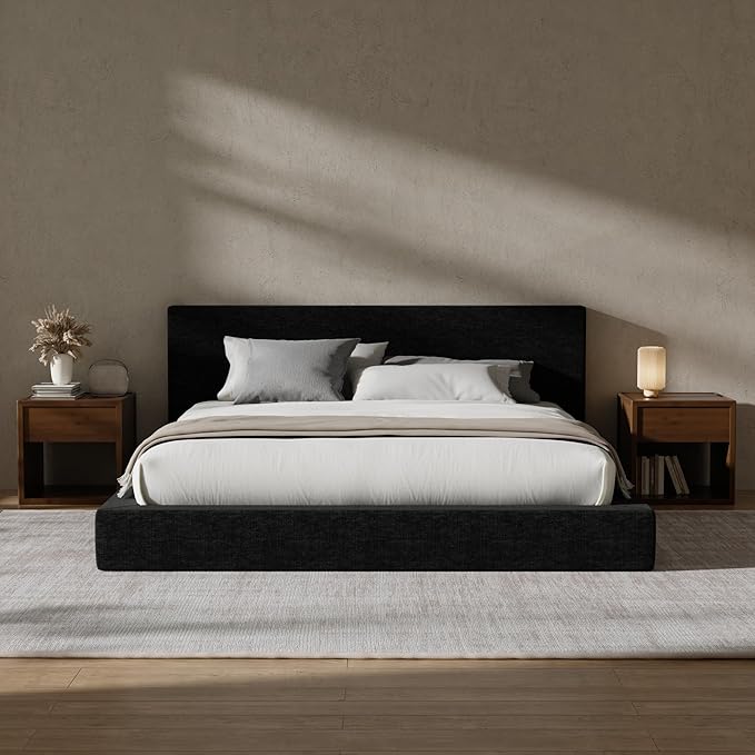 RECCI Cloud Upholstered Queen Bed Frame with Headboard, 5 Inch Foam Padded Platform, No Box Spring, Easy Assembly (Onyx)