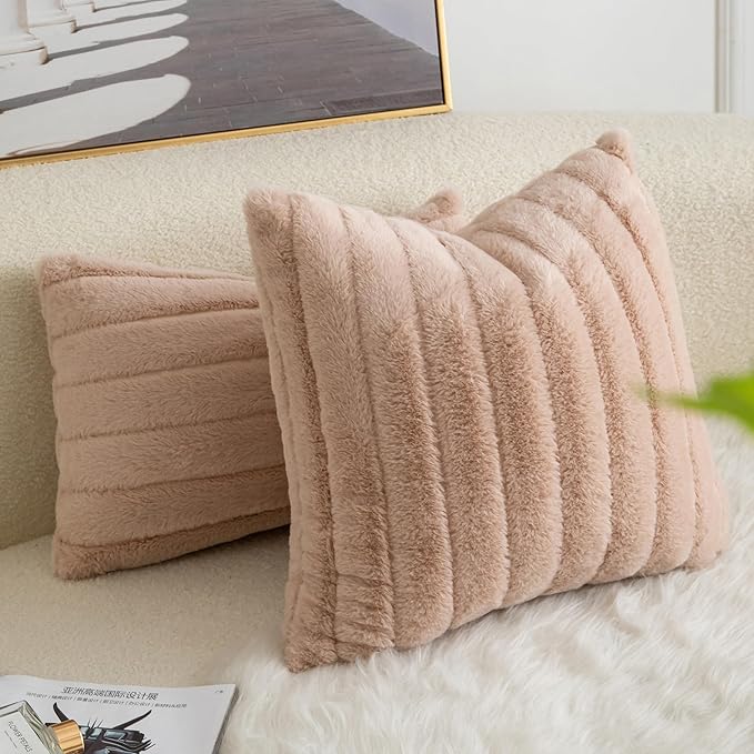 Pack of 2 Faux Fur Throw Pillow Covers 22x22 Inch Striped Decorative Soft Plush Couch Pillow Case Home Decor for Bed, Sofa, Living Room Beige