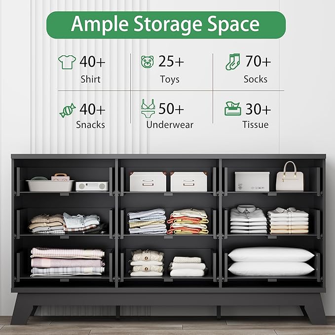 Fluted Dresser for Bedroom with 9 Drawers, 57" Wide Chest of Drawers with Metal Handle, Modern Wood Dresser TV Stand, Wooden Closet Clothes Storage Organizer for Living Room, Hallway, Black