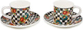 MACKENZIE-CHILDS Set of 2 Stoneware Espresso Cup and Saucer, Cute Coffee Cups, Courtly Flower Market