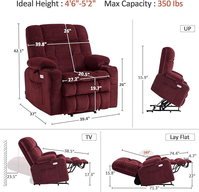 MCombo Dual Motor Power Lift Recliner Chair for Elderly, Lay Flat Lift Chair with Heat and Massage, Petite Wide Lift Chair, Cup Holders, USB A&C Ports, Fabric R7894 (Small-Wide, Burgundy)