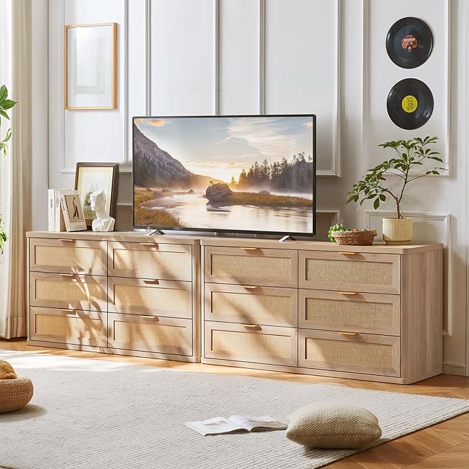 LEYAOYAO Rattan 6 Drawer Dresser for Bedroom, Boho 54" Wide Natural Wood Dresser Chest of Drawers, Dressers TV Stand with Metal Handle, Storage Dressers Closet Organizer for Living Room, Hallway