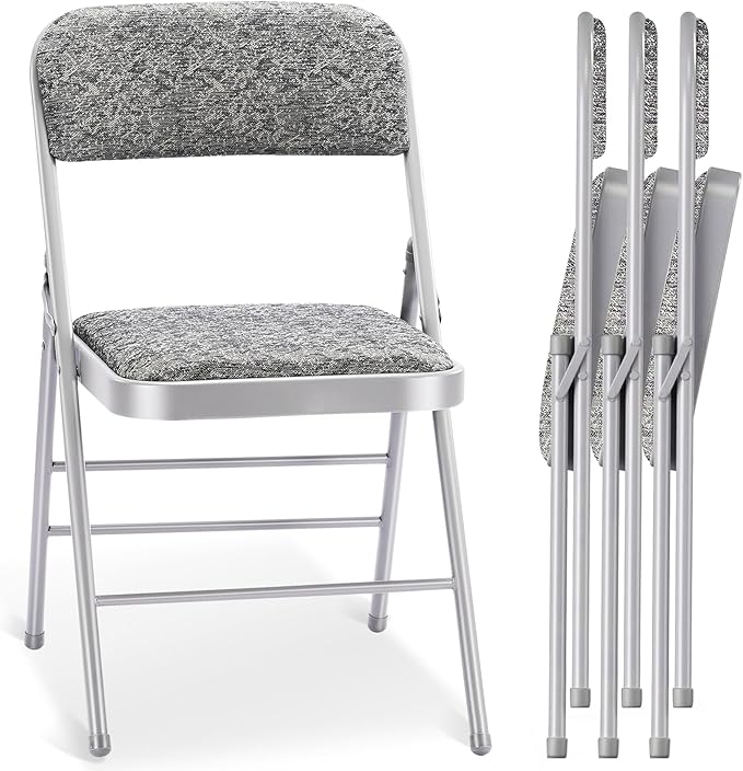 cyclone sound 4 Pack Folding Chairs with Fabric Padded Cushion and Back, Commercial Grade Metal Chairs with Fabric Cushion for Home and Office, for Indoor and Outdoor Events (4, Gray-Fabric)