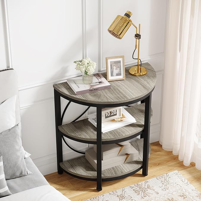 Tribesigns Half Round End Table for Living Room, 3-Tier Half Side Table with Metal Frame, Industrial Half Moon Table with Storage Shelves, Half Circle Accent Table for Entryway, Bedroom, Grey