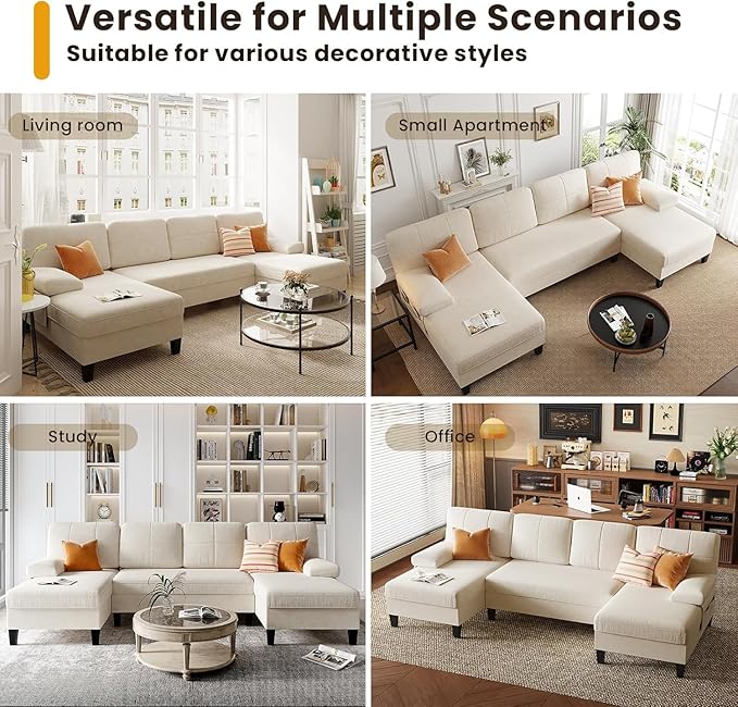 KKL Sectional Sofa Couch for Living Room, 112 Inches U Shaped Couch with Storage, Home Sofas with Chaise, Modern Comfy Couches for Apartment, Living Room Furniture, Chenille (Beige, U Shape)