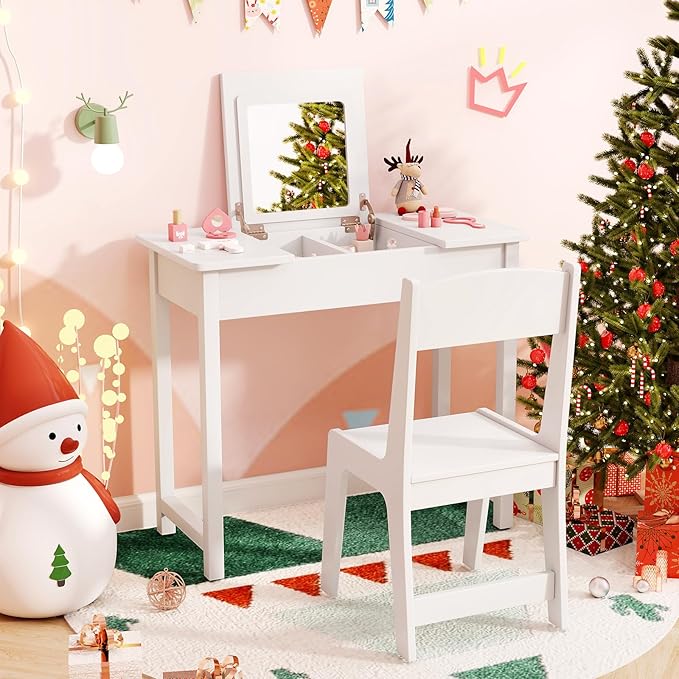 HONEY JOY Kids Vanity, Wooden Girls Vanity Desk with Flip Top Mirror, Hidden Storage Space, Toddler Makeup Vanity Dressing Table, Pretend Play Kids Vanity Table and Chair Set (White)
