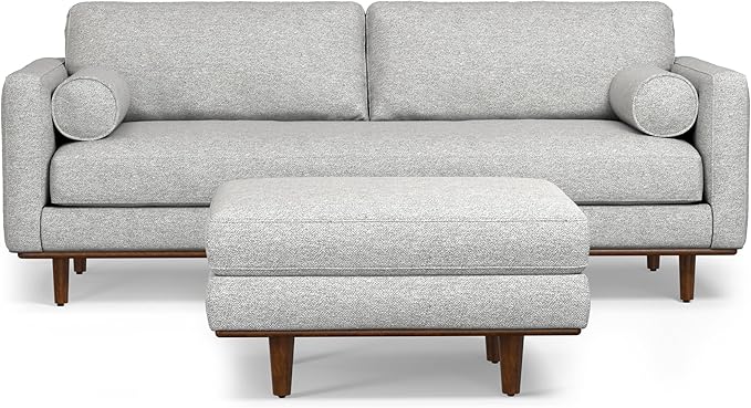 SIMPLIHOME Morrison Mid-Century Modern 89 inch Wide Sofa with Ottoman Set in Mist Grey Woven-Blend Fabric for the Living Room and Family Room