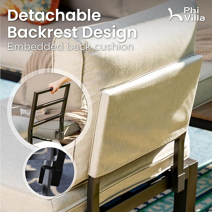 PHI VILLA Outdoor Patio Furniture Set, Metal Frame Modern Loveseat Couch for Poolside and Backyard,Light Grey