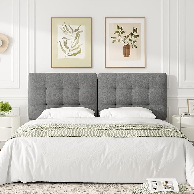 Tufted Upholstered King Headboard, Adjustable Height King Size Headboard Only from 39”to 44” with Durable Solid Wood Legs, Modern Button Diamond Fabric Head Board with Width Adapters, Grey