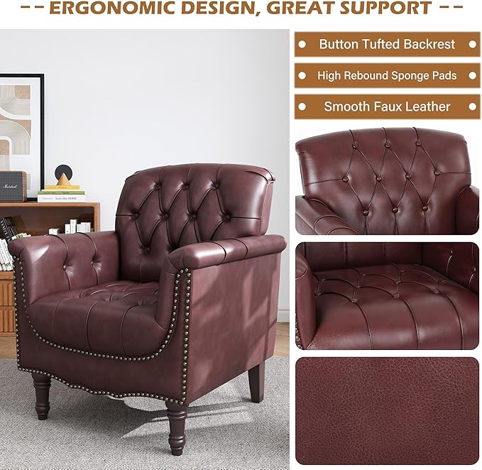 UIXE Faux Leather Accent Chair for Living Room, Tufted Arm Chair Retro Upholstered Club Armchair with Solid Wood Legs - Dark Red, Set of 2