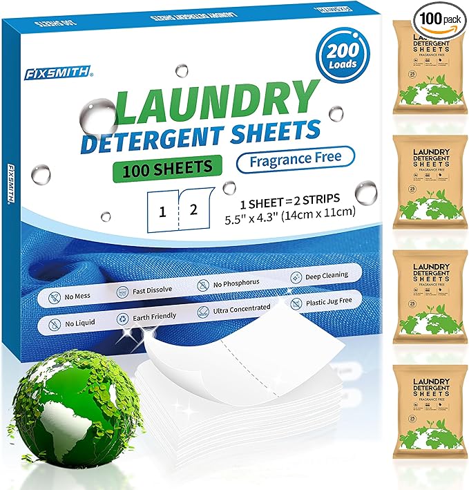 FIXSMITH Laundry Detergent Sheets - 200 Loads (100 Sheets) Fragrance Free - Hypoallergenic,Unscented,Eco Friendly Laundry Detergent Strips Concentrated Travel Detergent Sheets.Plastic-Free,Liquidless
