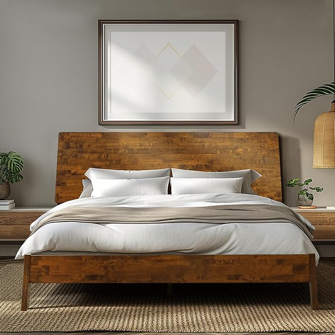 Acacia Serenity Bed Frame with Headboard Solid Wood Platform Bed, Queen Bed Frame, Tall Headboard Wood Bed Compatible with All Mattress Types, No Box Spring Needed, Quick & Easy Assembly, Caramel