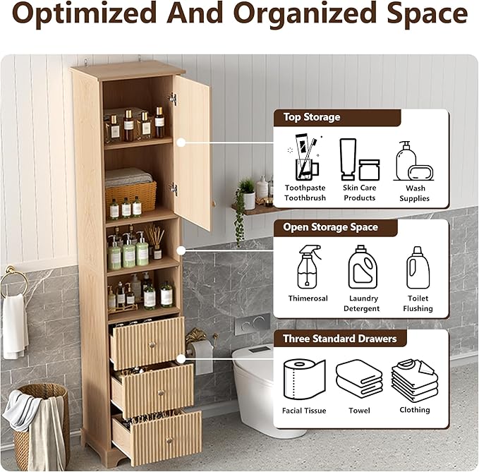 Tall Freestanding Storage Cabinet with One Door & 3 Drawers, Multi-Purpose Organizer with Open Storage and Adjustable Shelf for Bathroom, Office, Living Room, Wood