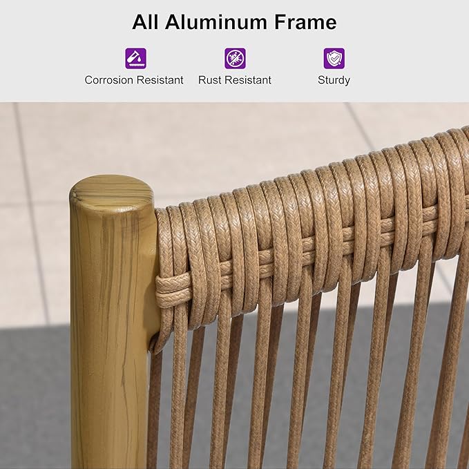 PURPLE LEAF 4 Pieces Patio Conversation Set Outdoor Wicker Furniture with Aluminum Table and Rattan Chairs Sofa Cushions Included for Porch Backyard Garden Balcony Teak