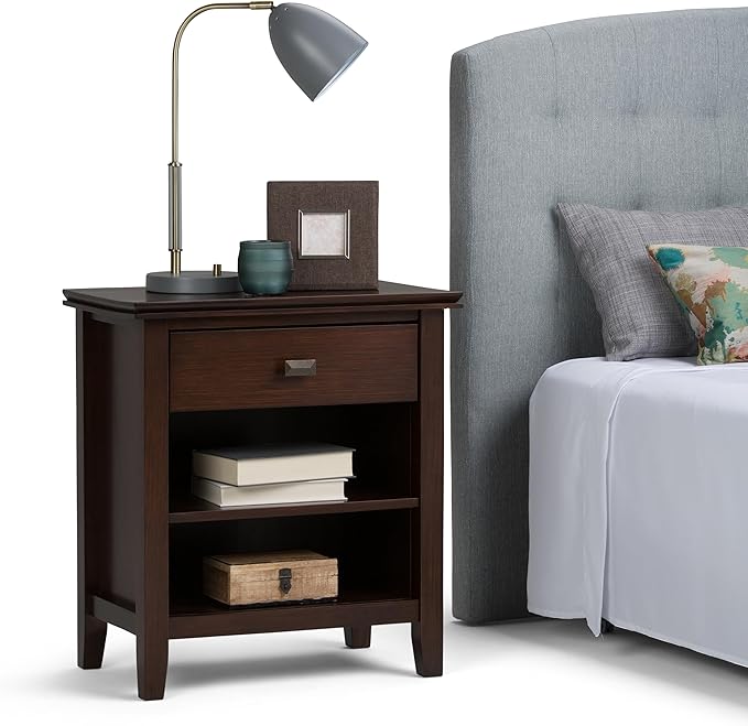 SIMPLIHOME Artisan Bedside Table - 24 inch Wide Solid Wood Nightstand Table in Russet Brown, Contemporary Bedroom Side or End Table with 1 Drawer, Open Shelf Storage and Bronze Knobs
