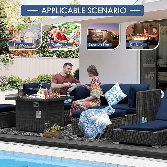 NICESOUL Extra Large 9 Pcs Outdoor Patio Furniture Set with Fireplace Natural Gas/Propane, 29.3'' High Back Modular Sectional Sofas, Modern Conversations for Outside, 2 Color Cushion Royal Blue &Grey