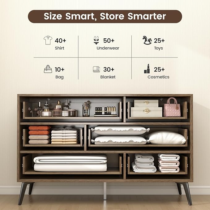 Hadulcet Fluted 6 Drawer Dresser for Bedroom, Modern Chest of Drawers with Push to Open Storage Organizer for Closet, 47” Handleless Wood Dresser TV Stand for Living Room, Entryway Nursery, Dark Wood