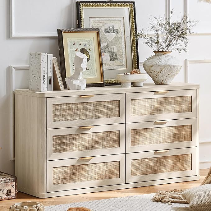 LEYAOYAO Rattan 6 Drawer Dresser for Bedroom, Boho 54" Wide White Dresser Chest of Drawers, Dressers TV Stand with Metal Handle, Storage Dressers Closet Organizer for Living Room, Hallway