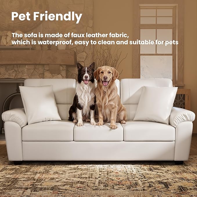 Morden Fort Faux Leather Loveseat, Modern Luxury Furniture with Removable and Easy to Clean Cushions, Skin-Friendly Wide Arm Leather Loveseat for Living Room Apartment Office Lounge, White