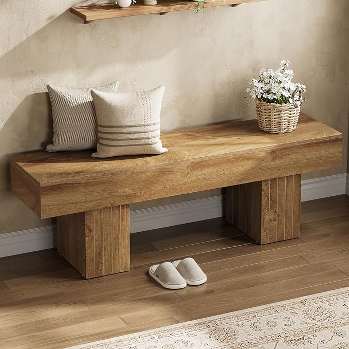 Tribesigns 55" Dining Bench, Farmhouse Wooden Entryway Bench, End of Bed Bench, Indoor Bench for Bedroom, Dining Room, Kitchen, Hallway, Light Brown