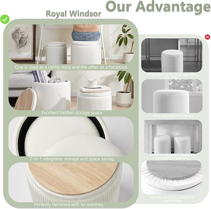 Royal Windsor Round Ottoman with Storage Set of 2,Vanity Stool with Storage for Bedroom, Ottoman Coffee Table,Small Velvet Foot Stool for Living Room, White