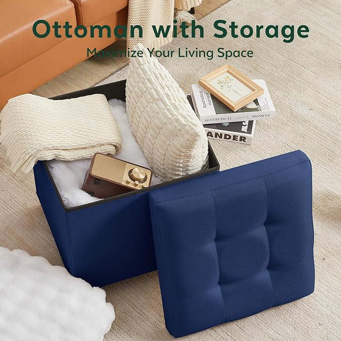 17.7" Ottoman with Storage, Square Storage Ottoman for Dorm, Linen Ottomans with Legs for Living Room, Bedroom, Blue