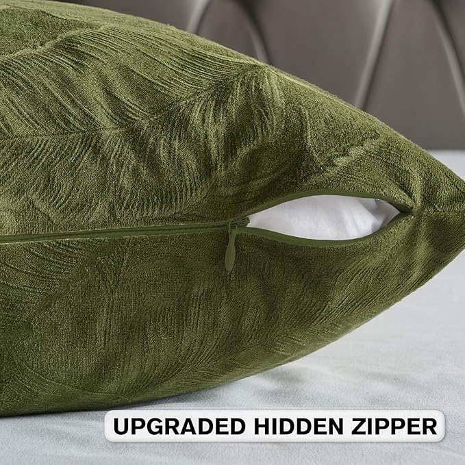 FUTEI Moss Green Velvet Throw Pillow Covers 16x16 Inch Set of 2,Soft Embossed Leaf-Relief Textured Cushion Cases,Natural Home Decor for Couch Living Room