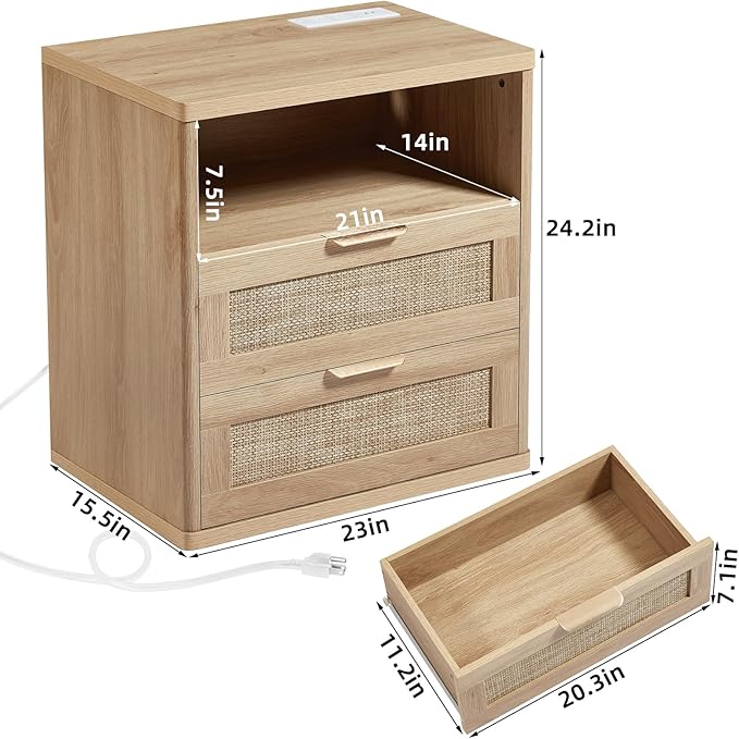 LEYAOYAO Rattan Night Stand with Charger Station, 23" Wide Boho Nightstand with 2 Drawers, Natural Wood Bedside Table Open Storage Cabinet, Bed Side End Tables Dresser for Bedroom, Living Room Hallway