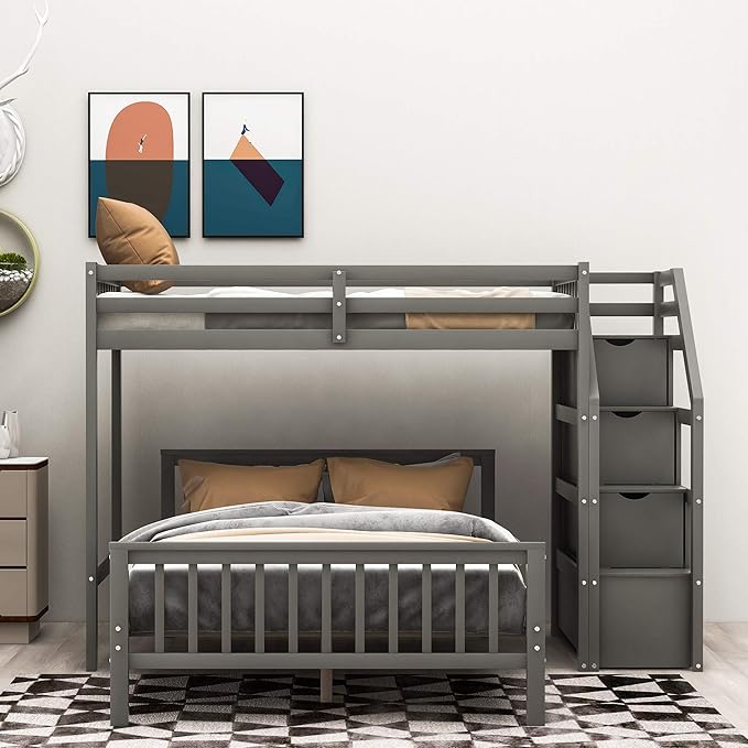 Twin Over Full Wood Loft Bed with Staircase,High Guardrails and Ladder-Handrails,Ladder W/ 3 Storage Grids,Bedroom Furniture for Children,Teens,Adults,Gray