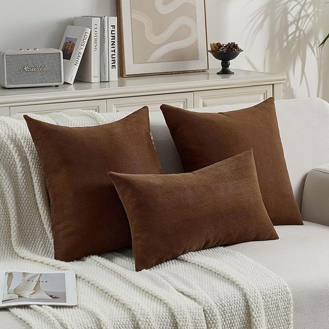 FUTEI Dark Brown Chenille Throw Pillow Covers 24x24 Inch Set of 2,Soft Wide Chevron Textured European Pillow Shams,Farmhouse Home Decor for Couch Bed Living Room