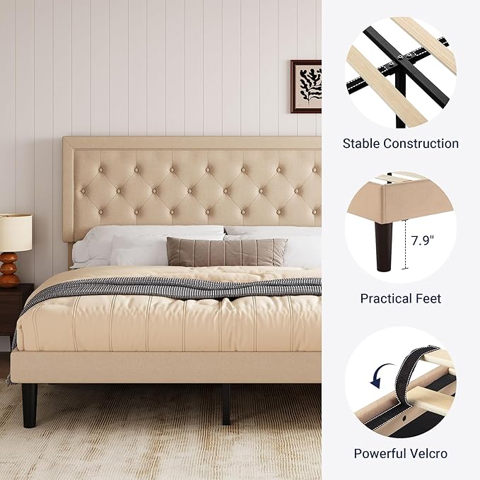 Allewie King Size Fabric Upholstered Bed Frame with Diamond Button Tufted/Adjustable Headboard/Wood Slat Support/Mattress Foundation/Beige