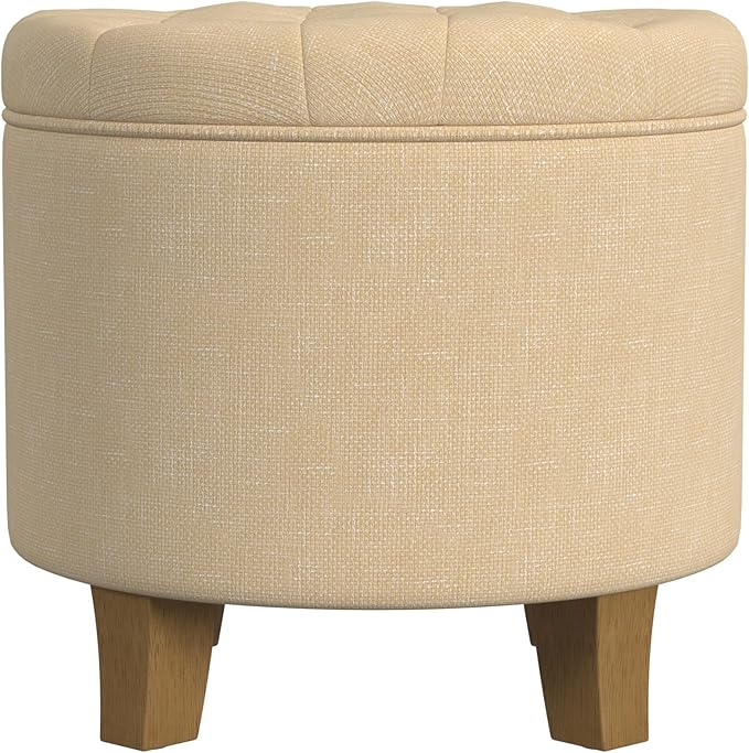 HomePop by Kinfine Fabric Upholstered Round Storage Ottoman - Button Tufted Ottoman with Removable Lid, Light Tan Textured Solid