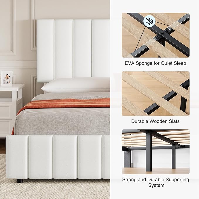 Garvee Queen Size Bed Frame with 4 Storage Drawers, Adjustable Height Headboard, Linen Upholstered Platform Bed Frame, No Box Spring Needed, Easy Assembly, White