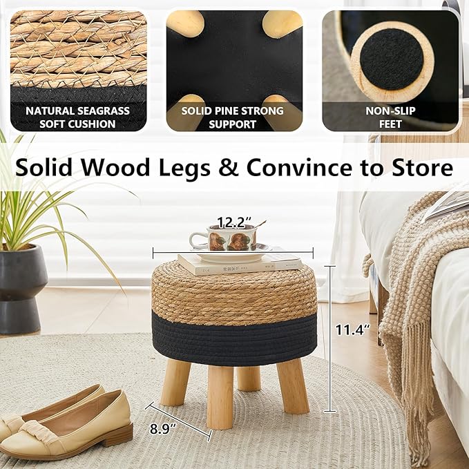 Round Ottoman Natural Seagrass Footstool, Foot Stool with 4 Wood Legs, Hand Woven Round Footstool, Sofa Stool, Multifunctional Modern Dressing Stool, Sofa Side Table for Bedroom (Black)