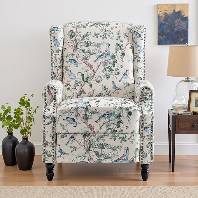 UIXE Pushback Floral Recliner Chairs Set of 2, Fabric Upholstered Armchair Push Back Accent Chair for Living Room, Rivet Trim Club Chair Home Theater Single Sofa Bedroom Side Reading Seat - Bird