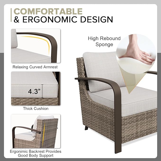 COOS BAY Aurora Terrace Half-Moon Outdoor Furniture Set, Rattan Conversation Set with Patio Chairs, Curved 4-Seat Sofa, Coffee Table, Seats 6, Beige/Beige
