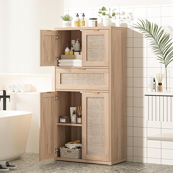LEYAOYAO 48" Tall Storage Cabinet Set of 2,Rattan Bathroom Floor Cabinets with 4 Doors & 1Drawer,Boho Kitchen Pantry with Adjustable Shelves,Wooden Cupboard for Living Room,Home Office,Natural Wood