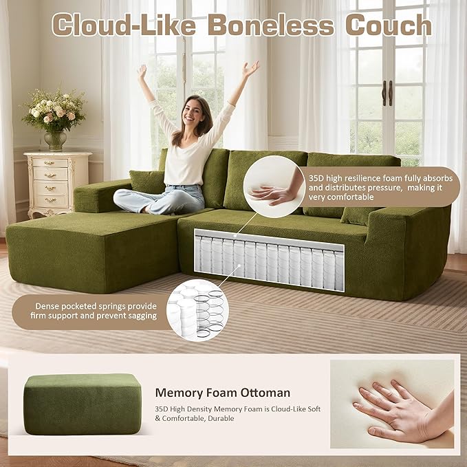 106" Cloud Sectional Couch with L-Shape Chaise & Ottoman, No Assembly Modular Sofa, Deep Seat Corduroy Boneless Couched for Living Room (Green Cloudy Velvet, Left Facing Chaise with Ottoman)