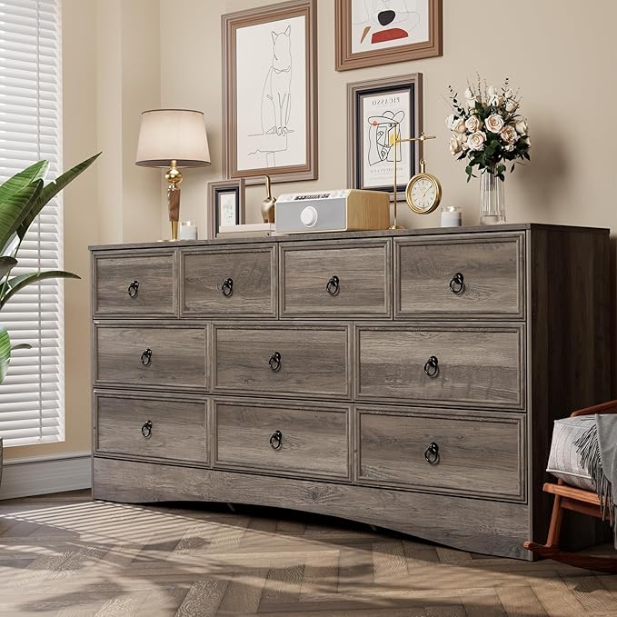 Farmhouse 10 Drawer Dresser for Bedroom – 63'' Long Dresser Wood Chest of Drawers,TV Stand for 75 inch TV, Storage Organizer Furniture, Hallway, Entryway, Closet, Brownish Grey