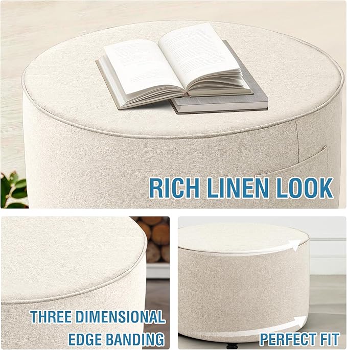 H.VERSAILTEX Ottoman Cover Round Thick Linen Look Ottoman Slipcover Round Ottoman Storage Cover Folding Stool Covers Furniture Protector Cover for Footrest Ottoman Fit Dia 36" - 38", Heather Ivory