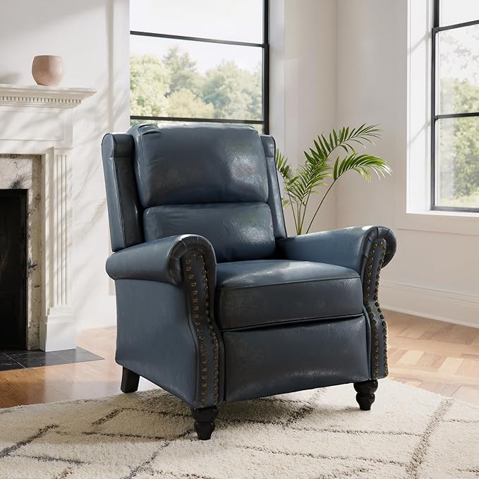 Lumibee Recliner Chair,Pushback Armchair for Small Spaces,Adjustable Backrest & Footrest Accent Chair in Comfy Fabric for Living Room, Bedroom-Navy Blue