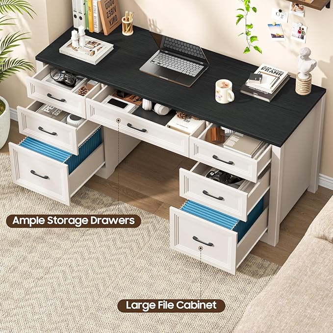 Farmhouse Executive Desk, Wood Home Office Desk with 2 Large File Drawers and 5 Storage Cabinets, Rustic Writing Desk for Work and Study, Black