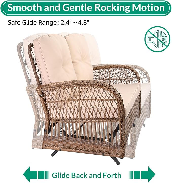 VIVIJASON 5-Piece Outdoor Patio Wicker Conversation Sets, All Weather Outdoor Rattan Furniture Set Includes Glider Loveseat, 2 Coffee Table, 2 Swivel-Gliders Chairs with Cushions, Light Brown